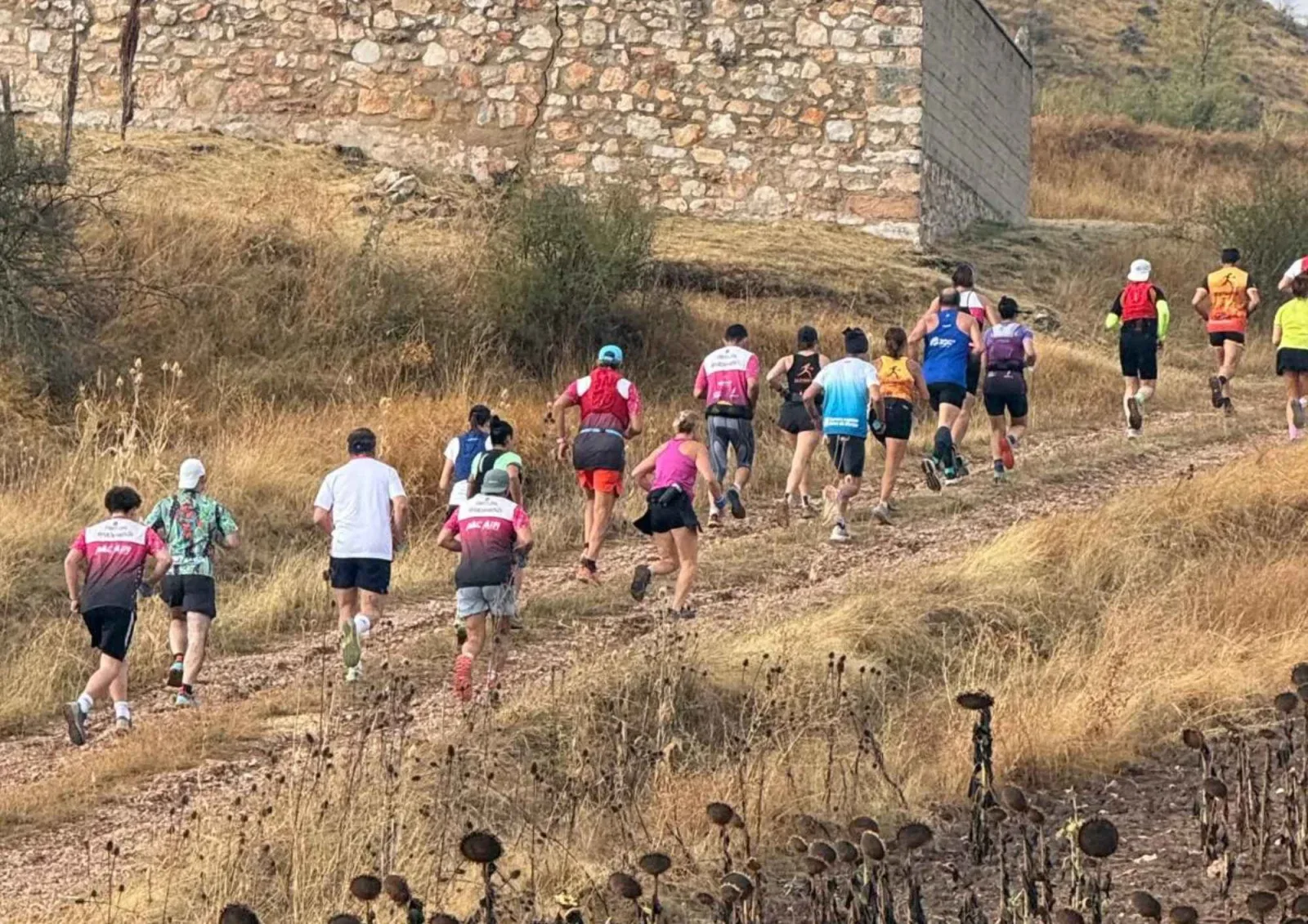 Corredores del II Trail del Jal&oacute;n subiendo por un camino junto a un muro de piedra en Benamira